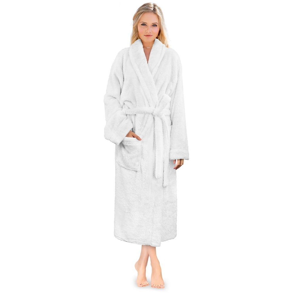 Spa Living Botanicals White Plush Fleece Robe One Size Fits Most Shawl Collar